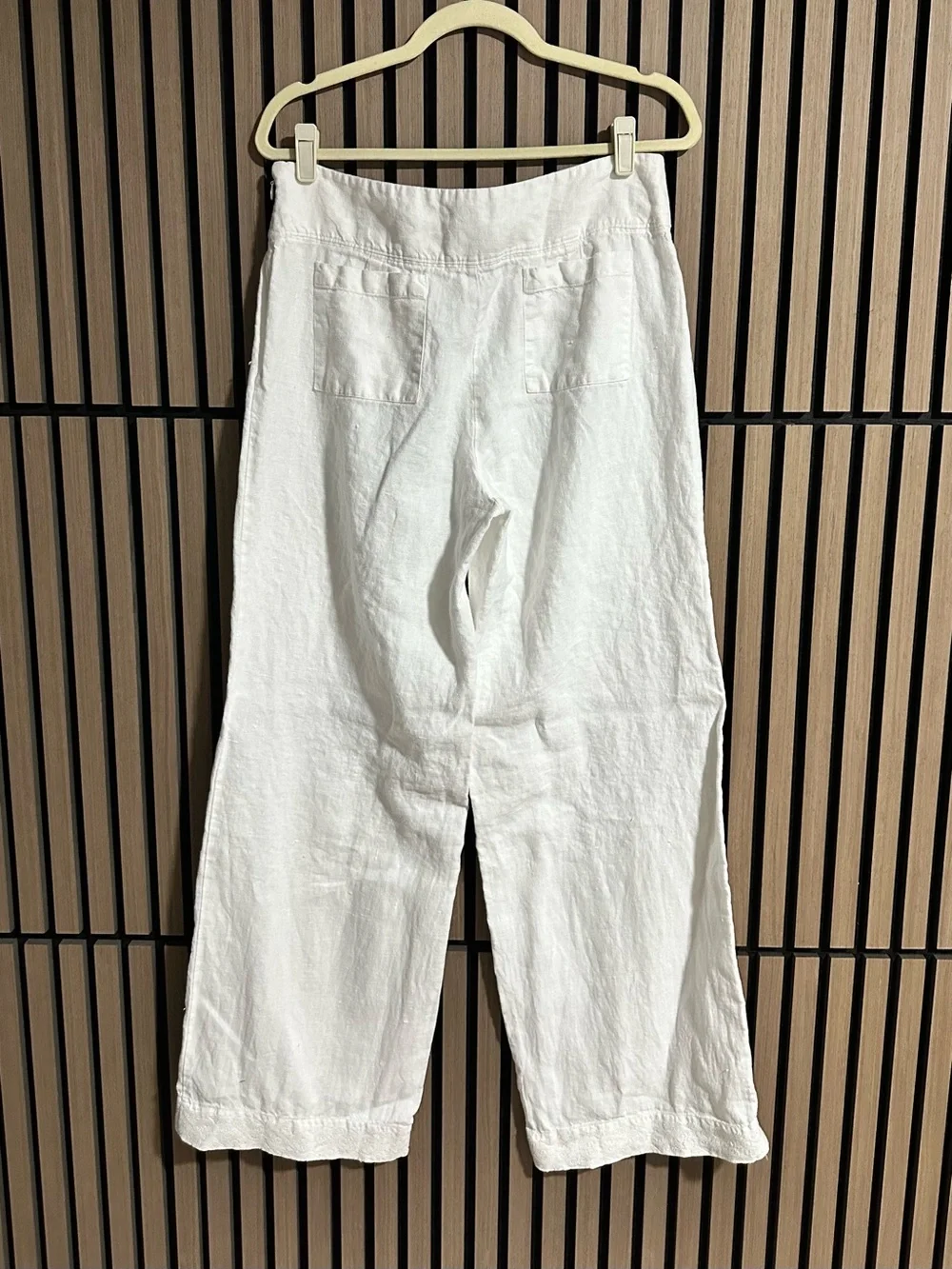 Banana Republic Women White 100% Linen Wide-Leg Pants Embroidered Coastal Beach